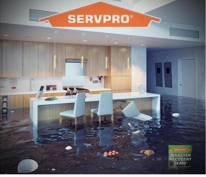 a flooded kitchen with chairs knocked over